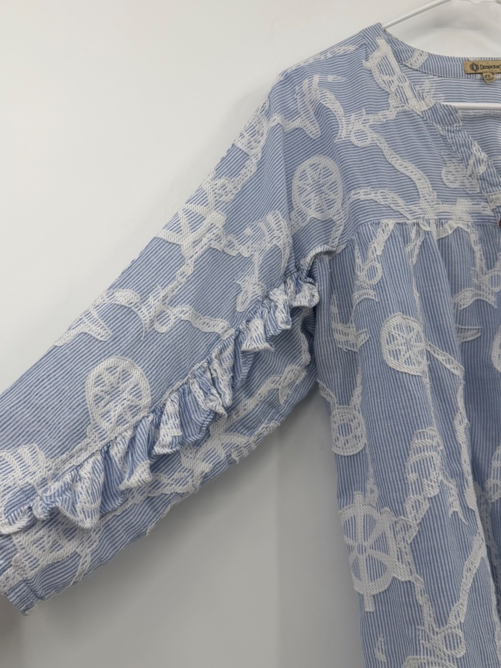 Democracy Top Women 1X Blue White V Neck Ruffles 3/4 Sleeve Boho Peasant Coastal - Picture 2 of 13